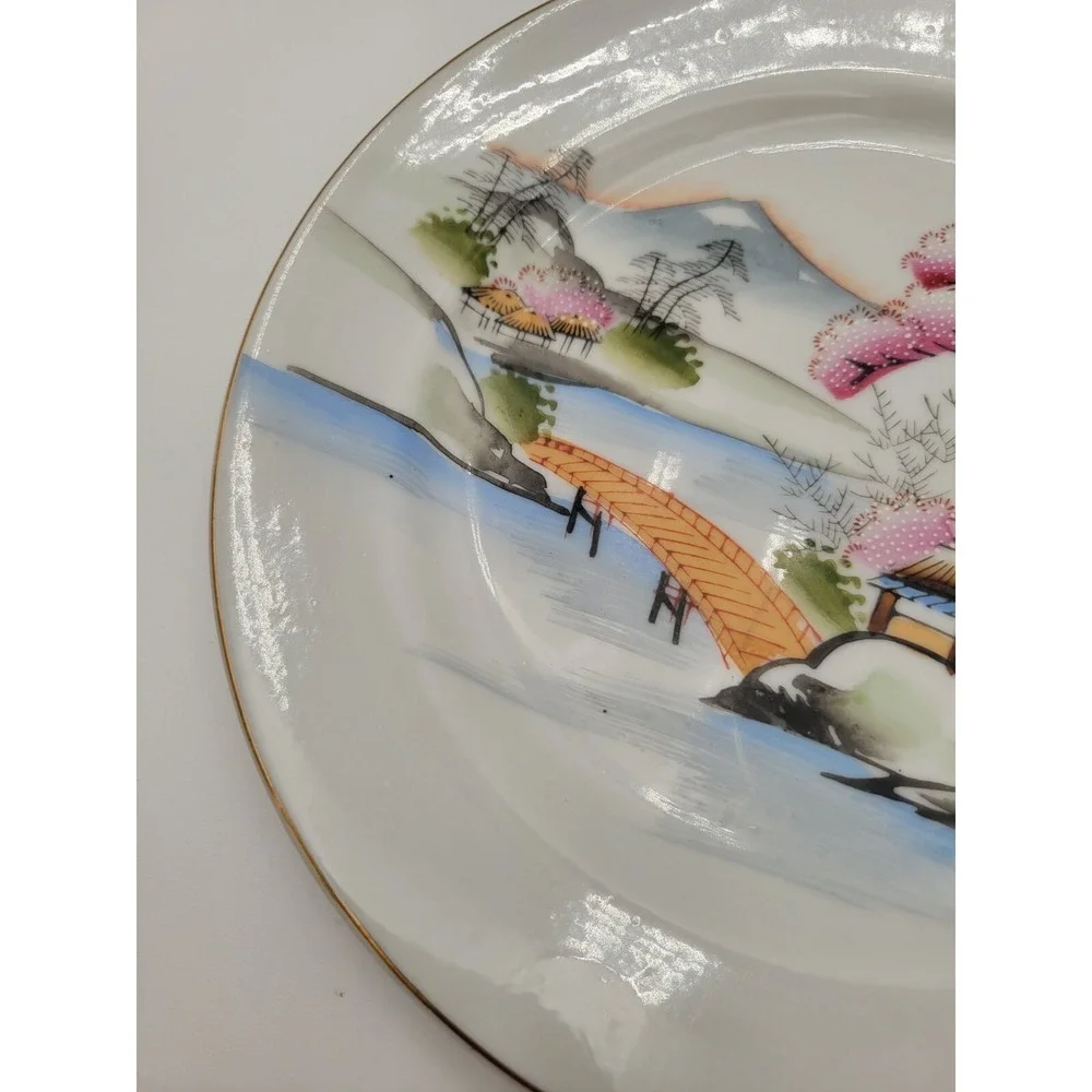 Set of 5 Vintage Kutani Japan KUT21 salad plates pink textured trees bridge gold